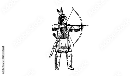 Native American hunter with bow and arrow respectful black and white vector illustration