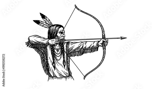 Engraving style Native American hunter aiming bow detailed black and white vector art