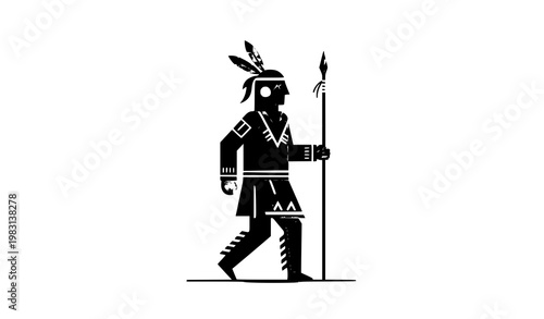 Indigenous American hunter flat style vector with spear and traditional design elements