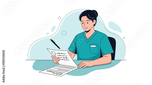 Doctor reviewing medical documents, healthcare professional working at desk, illustration