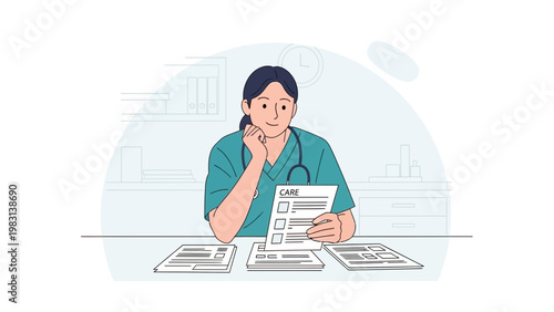 Doctor reviewing patient care checklist, medical professional working at desk