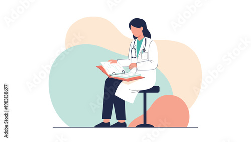 Doctor reviewing medical records in a modern, minimalist clinic setting