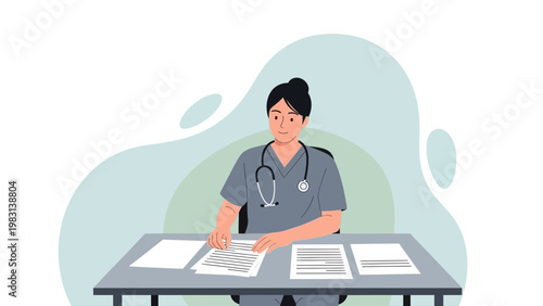 Doctor sitting at desk with papers, medical illustration