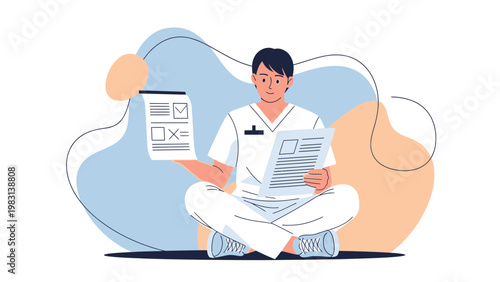 Doctor Sitting Cross-legged Reading Medical Documents and Checklist