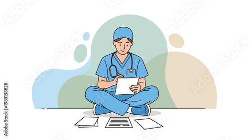 Doctor sitting cross-legged, writing on paper, medical concept