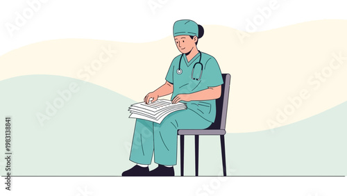 Doctor sitting on chair reading medical documents, stethoscope around neck, healthcare concept
