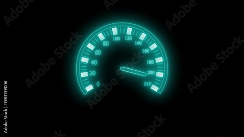 Glowing speedometer animation on a black background, showing speed