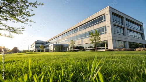 Modern glass office building exterior with bright sunlight and green landscaped lawn in urban business district