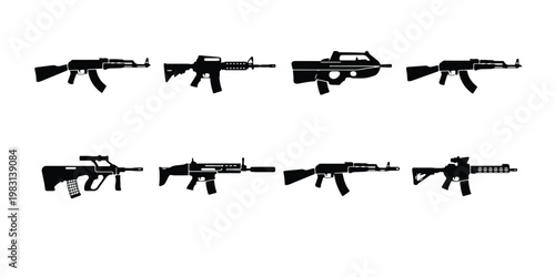 Military assault rifle silhouettes set, collection of 8 black firearm icons, tactical weapon vector illustrations for gaming and security