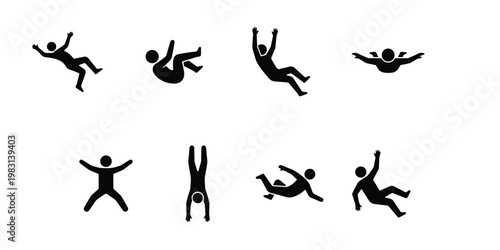 Falling person silhouette icon set, stick figure man tumbling and diving in mid-air, 8 black vector elements of people in freefall and accident poses