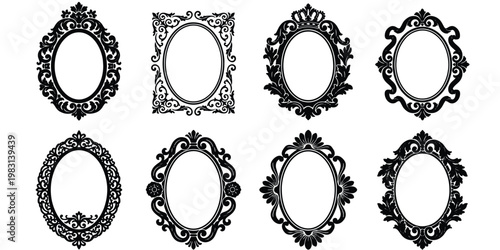 Vintage ornate oval frames set, 8 black baroque mirror borders, antique victorian filigree frame collection, decorative silhouette vector elements