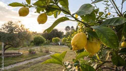Beautiful lemon tree with ripe yellow fruits hanging on branches in natural garden environment close up view