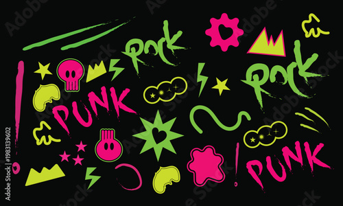 Trendy Neon Y2K Punk Sticker Set with Hand Drawn Crayon Doodles, Rock and Roll Icons, Scribble Grunge Elements and Text Stickers for Scrapbook, Collage, Zine, Streetwear and Youth Culture Design