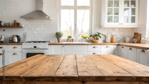 Empty rustic wooden table in sunlit kitchen with airy white interior and soft natural light background for product display