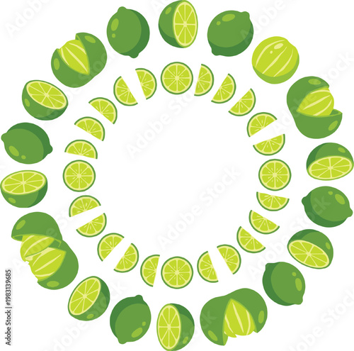 Seamless Lime Pattern Vector with Whole Fruits, Slices and Circular Mandala Arrangement for Citrus Backgrounds, Textiles, Wrapping and Fresh Food Design Projects