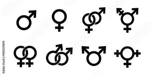 Gender identity symbols set, black male and female icons, transgender and non-binary sign collection, 8 vector elements for lgbtq+ community