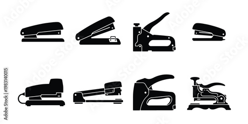 Stapler icon set with 8 black silhouettes, office stationery and industrial staple gun vector elements, professional desk tools for paperwork