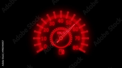 Glowing Speedometer and Fuel Gauge Animation on Black Background