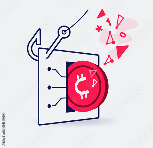 Crypto fraud symbol with a coin and fishing hook stealing someone's personal digital assets. Easy to use for your website or presentation.
