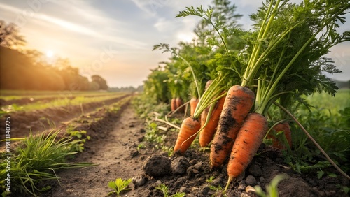 Close up view of ripe carrots in soil on vegetable farm ready for harvesting healthy organic food production