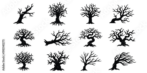 Spooky dead tree silhouettes set, 12 black leafless tree icons, creepy gnarled branches and bare wood vectors for Halloween and horror design