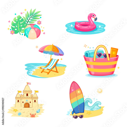 Collection of summer holiday elements including beach ball, flamingo float, deck chair, beach bag, sand castle and surfboard.