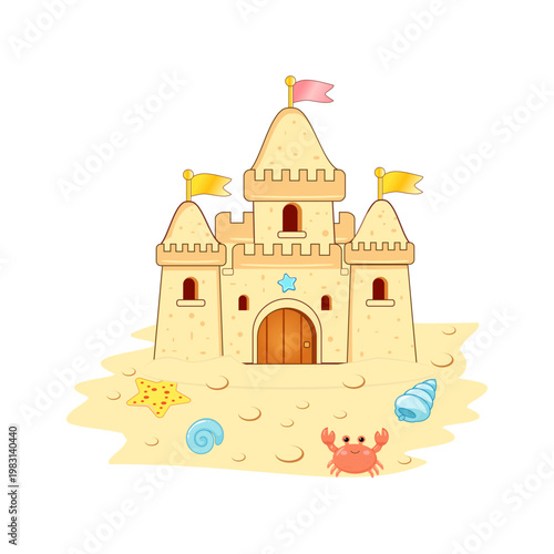 Flat design of a large sand castle with flags, a cute crab, starfish and sea shells on a sandy beach.