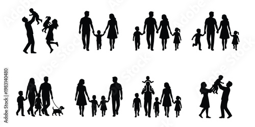 Family silhouette collection with 8 vector elements, black silhouettes of parents and children walking, happy family life icons for web design