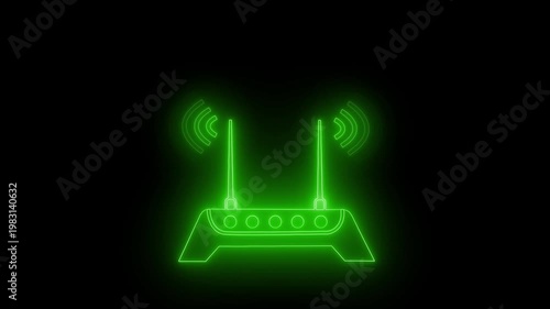 Neon outline of a Wi-Fi router with signal waves animation on a black background