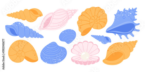 Seashell collection with hand drawn colorful ocean elements. Pastel pink, blue and orange vector shells with pearl. Whimsical summer beach treasures isolated on white background.