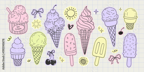Ice cream sticker set with hand drawn colorful desserts. Pastel doodle cones and popsicles on checkered notebook background. Sweet summer treat collection with sundae and cherries for planner decor.