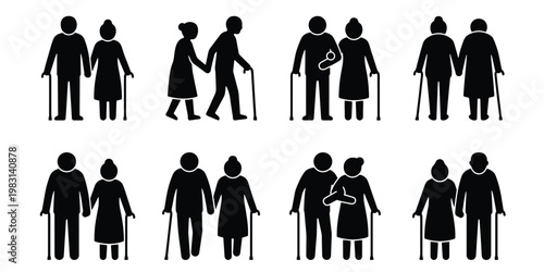 Elderly couple silhouette icons set, senior people walking with canes, retired man and woman figures, 8 vector elements for healthcare and aging