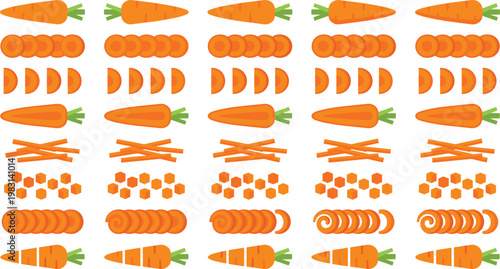 Carrot Cutting Styles Vector Set with Whole Vegetables, Slices, Half Cuts, Julienne, Cubes and Spiral Shapes for Cooking and Food Preparation Design