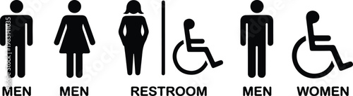 Clean vector restroom sign design featuring universal and accessibility symbols for men women and disabled users in simple monochrome style