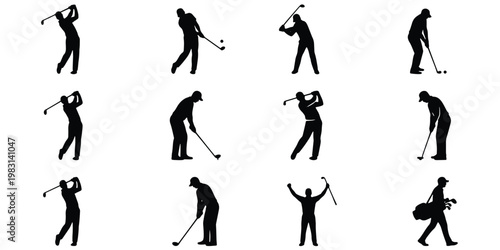Golf player silhouettes set, professional golfers swinging and putting vector icons, 12 athletic male figures in action poses for sports design