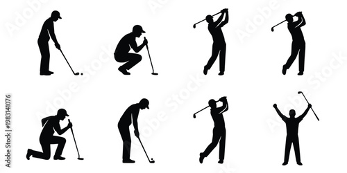 Golf player silhouettes set of 8 vector icons, professional golfer swinging and putting poses, black athletic figures for sports tournament branding