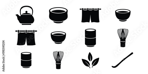 Japanese matcha tea ceremony icons, black silhouette vector set of 12 elements, traditional tea house equipment and bamboo whisk symbols