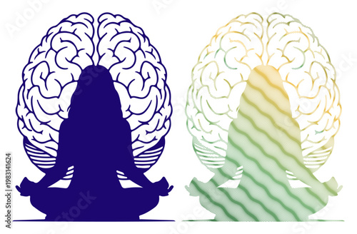 Silhouette of person meditating with stylized brain in background, representing mental clarity and focus