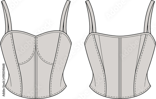 Women corset top outline set, fashion garment front and back view, vector illustration design