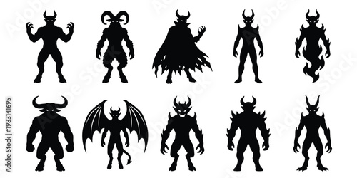 Demonic monster silhouettes set, 10 evil creature icons with horns and wings, black devil character vector collection for gaming and halloween