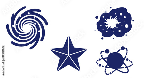 A collection of stylized deep blue space-themed graphic icons, including a galaxy spiral, an exploding star, a singular astral figure, and an atom symbol, all on a crisp white backdrop.