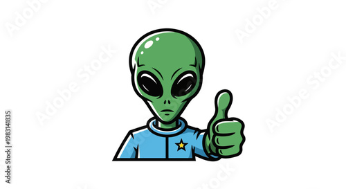 A friendly green alien in a cartoon style, giving a thumbs-up gesture, against a plain white background, ready to communicate, representing extraterrestrial life and approval. Comic figure, 