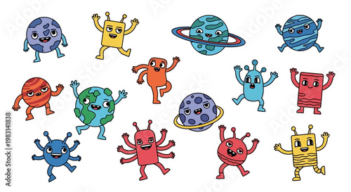 A whimsical and cheerful collection of cartoonish, space-themed alien characters dancing and posing happily against a clean white backdrop, ideal for children's educational materials on the 