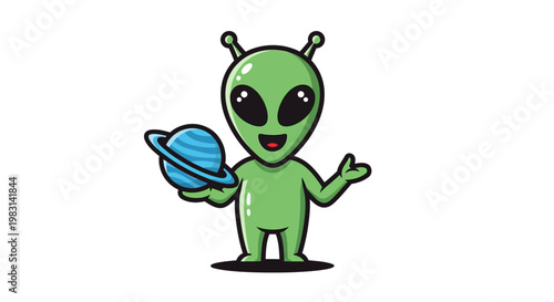 A happy, cartoon-style alien creature joyfully holding a miniature planet, potentially representing space exploration, extraterrestrial life, or a whimsical science fiction concept against a