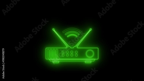 Neon outline of a vintage radio with antennas and Wi-Fi symbol animation on black background