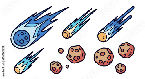 A collection of stylized, cartoonish comets and asteroids rendered in a playful, vector-style design, suitable for educational materials or astronomy-themed projects, set against a pristine 