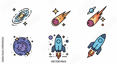 A vibrant and playful vector pack showcasing colorful, cartoon-style elements of the cosmos, including a stylized galaxy, dynamic shooting stars, planets, and futuristic rockets, suitable fo