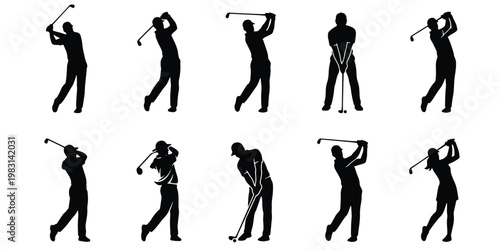 Professional golf player silhouettes set, male and female golfers swinging clubs vector, athletic sports figures in motion, isolated black icons