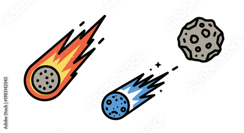 A vector illustration depicting a set of three stylized meteors and an asteroid, showing their journey across the vast expanse, fiery action with flat, graphic design style.