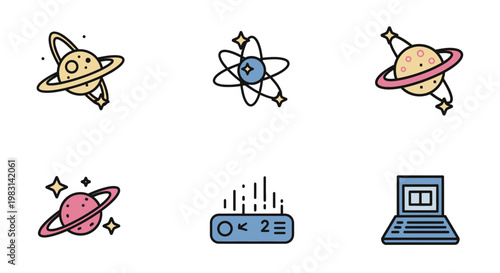 A vibrant and playful collection of whimsical outer space elements, featuring stylized planets with rings and stars along with abstract computer and tech icons in a cute, cartoonish vector s